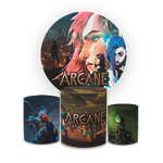 Kit Capa Painel Redondo + Capa Trio Cilindros Sublimados Malha New Decorativo Tema Arcane League of Legends Game Decoração