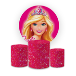 Kit Capa Painel Redondo + Capa Trio Cilindros Sublimados Malha New Decorativo Tema Barbie Girl Decoração Festa Menina