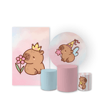Kit Casadinho Capa Painel Redondo + Retangular + Trio Capas de Cilindro Tema Capivara Cute Animal Decoração Festa Infantil