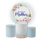 Kit Capa Painel Redondo + Capa Trio Cilindros Sublimados Malha New Decorativo Tema Dia da Mulher Data Especial