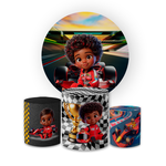 Kit Capa Painel Redondo + Capa Trio Cilindros Sublimados Malha New Decorativo Tema Formula 1 Corrida Decoração Festa Menino