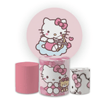 Kit Capa Painel Redondo + Capa Trio Cilindros Sublimados Malha New Decorativo Tema Hello Kitty Gatinha Decoração Festa Menina