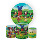 Kit Capa Painel Redondo + Capa Trio Cilindros Sublimados Malha New Decorativo Tema Mickey e Minnie Safari Turma Decoração Festa