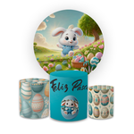 Kit Capa Painel Redondo + Capa Trio Cilindros Sublimados Malha New Decorativo Tema Páscoa Coelhinho Decoração Infantil