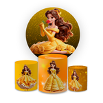 Kit Capa Painel Redondo + Capa Trio Cilindros Sublimados Malha New Decorativo Tema Princesas Disney Cute Decoração Festa Infantil Menina