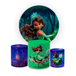 Kit Capa Painel Redondo + Capa Trio Cilindros Sublimados Malha New Decorativo Tema Princesas Disney Cute Decoração Festa Infantil Menina