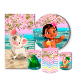 Kit Casadinho Capa Painel Redondo + Retangular + Trio Capas de Cilindro Tema Moana Decoração Infantil Menina Filme