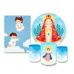 Kit Casadinho Capa Painel Redondo + Retangular + Trio Capas de Cilindro Tema Nossa Senhora Religioso Decorativo