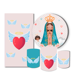 Kit Casadinho Capa Painel Redondo + Retangular + Trio Capas de Cilindro Tema Nossa Senhora Religioso Decorativo