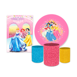 Kit Casadinho Capa Painel Redondo + Retangular + Trio Capas de Cilindro Tema Princesas Menina Decoração Infantil