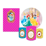 Kit Casadinho Capa Painel Redondo + Retangular + Trio Capas de Cilindro Tema Princesas Menina Decoração Infantil