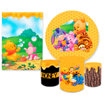 Kit Casadinho Capa Painel Redondo + Retangular + Trio Capas de Cilindro Tema Ursinhos Pooh Decoração Festa infantil