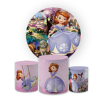 Kit Capa Painel Redondo + Trio Cilindros Decoração Aniversário Infantil Desenho Princesa Sofia
