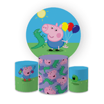 Kit Capa Painel Redondo + Trio Cilindros Decoração Aniversário Infantil Desenho Peppa Pig George