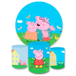 Kit Capa Painel Redondo + Trio Cilindros Decoração Aniversário Infantil Desenho Peppa Pig George
