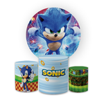 Kit Capa Painel Redondo + Trio Cilindros Decoração Festa Aniversário Infantil Desenho Jogo Sonic