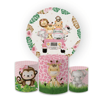 Kit Capa Painel Redondo + Trio Cilindros Decoração Festa Aniversário Infantil Safari Baby Rosa Menina