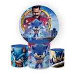 Kit Capa Painel Redondo + Trio Cilindros Decoração Festa Aniversário Infantil Desenho Jogo Sonic