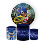 Kit Capa Painel Redondo + Trio Cilindros Decoração Festa Aniversário Infantil Desenho Jogo Sonic
