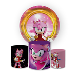 Kit Capa Painel Redondo + Trio Cilindros Decoração Festa Aniversário Infantil Desenho Jogo Pink Sonic 