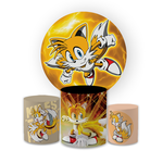 Kit Capa Painel Redondo + Trio Cilindros Decoração Festa Aniversário Infantil Desenho Jogo Tails Sonic