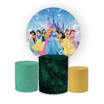 Kit Capa Painel Redondo + Trio Cilindros Decoração Aniversário Infantil Desenho Princesas Disney