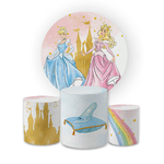 Kit Capa Painel Redondo + Trio Cilindros Decoração Aniversário Infantil Desenho Princesas Disney