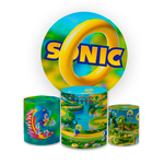 Kit Capa Painel Redondo + Trio Cilindros Decoração Festa Aniversário Infantil Desenho Jogo Sonic 