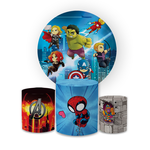 Kit Capa Painel Redondo + Trio Cilindros Decoração Festa Aniversário Infantil Desenho Super Heróis Cute Vingadores Baby