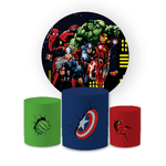 Kit Capa Painel Redondo + Trio Cilindros Decoração Festa Aniversário Infantil Desenho Vingadores Heróis 