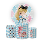 Kit Capa Painel Redondo + Trio Cilindros Decoração Aniversário Festa Infantil Alice no País das Maravilhas Baby 
