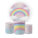 Kit Capa Painel Redondo + Trio Cilindros Decoração Festa Infantil Arco Iris Candy