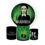 Kit Capa Painel Redondo + Trio Cilindros Decoração Festa Aniversário Infantil Desenho Wandinha