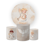 Kit Capa Painel Redondo + Trio Cilindros Decoração Aniversário Festa Infantil Anjinho Batizado