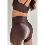 Conjunto Short Canelado Textura Brilho Sem Bolso Top Alça Básico Marrom- Ref.010