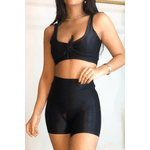 Conjunto Canelado Top Alça Larga Puxar No Decote E Short Básico Preto- Ref.011