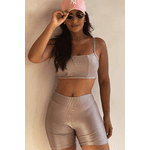 Conjunto Canelado Top Alça Larga Puxar No Decote E Short Básico Metalizado- Ref.011