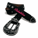 CINTO EM COURO BORDADO BOIADEIRA ROSA COM STRASS