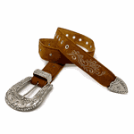 CINTO EM COURO NOBUCK BORDADO BEGE COM STRASS 