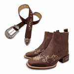 COMBO BOTINA + CINTO EM COURO MARROM BORDADO FLORES COM STRASS