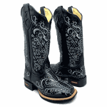 COMBO BOTA TEXANA + CINTO EM COURO PRETO BORDADO CINZA COM METAIS 