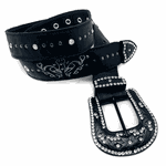 COMBO BOTA TEXANA + CINTO EM COURO PRETO BORDADO CINZA COM METAIS 