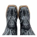 COMBO BOTA TEXANA + CINTO EM COURO PRETO BORDADO CINZA COM METAIS 