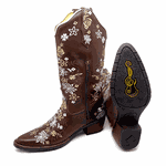 BOTA TEXANA EM COURO MARROM BORDADO FLORES BRANCO E BEGE BICO FINO 