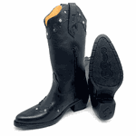 BOTA TEXANA EM COURO PRETO BORDADO PRETO COM STRASS BICO FINO 