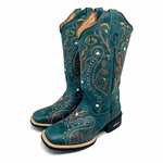 BOTA TEXANA EM COURO VERDE ÁGUA BORDADO TRIBAL 