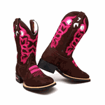 BOTA TEXANA EM COURO NOBUCK MARROM CAFÉ BORDADO ROSA 
