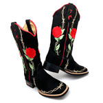 BOTA TEXANA EM COURO PRETO BORDADOS ARAMES + ROSAS VERMELHAS