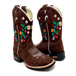 BOTA TEXANA EM COURO NOBUCK CAFÉ BORDADOS FLORES COLORIDAS 