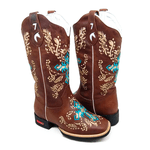 BOTA TEXANA EM COURO MARROM BORDADO CRUZ AZUL + SUPORTE PARA CELULAR